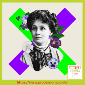 Processions 2018 logo featuring Emmeline Pankhurst and the suffragette colours | Stitchery Stories Textile Art Podcast Guest